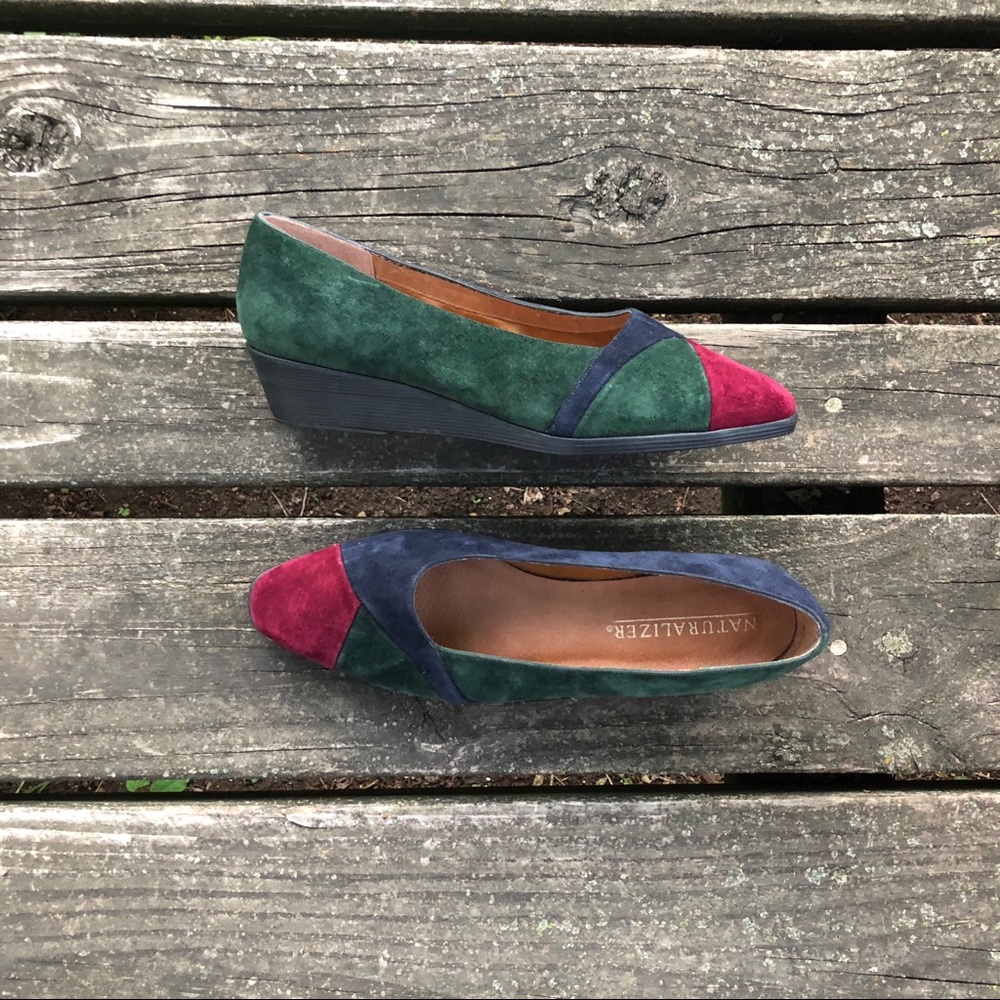 Vtg Naturalizer Suede Leather Slip Ons Wedge Heels Multicolor Size 10